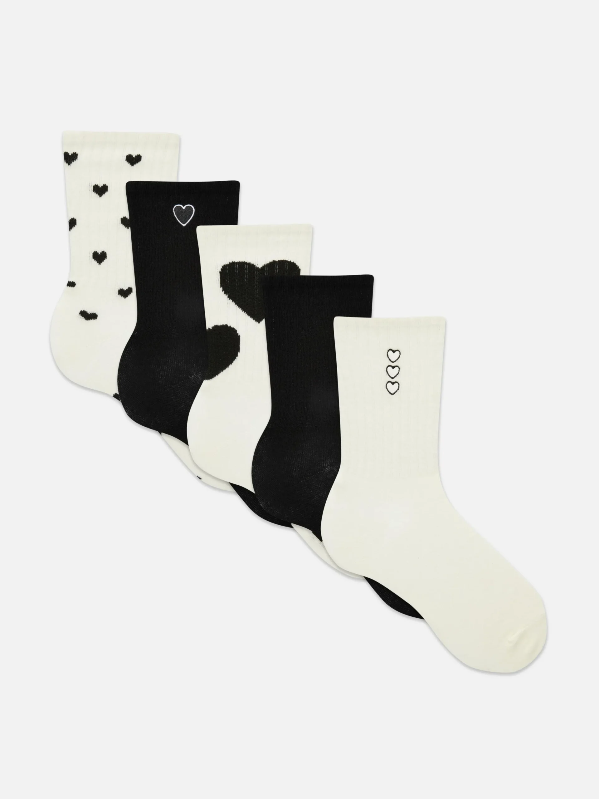 Socken|Primark Crew-Socken Mit Herzmuster, 5er-Pack Schwarz/Weiß