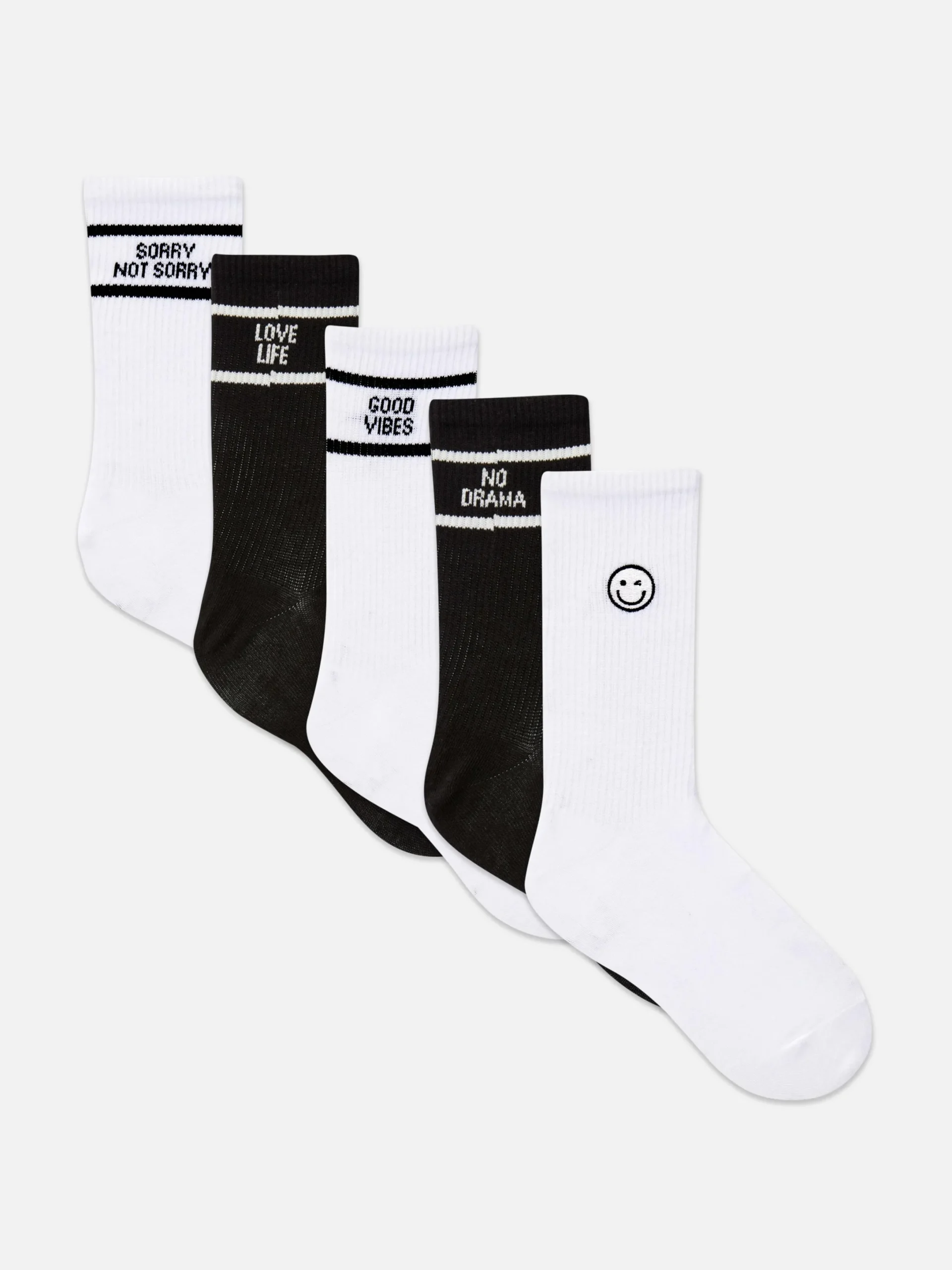 Socken|Primark Crew-Socken Mit Slogan, 5er-Pack Weiß/Schwarz
