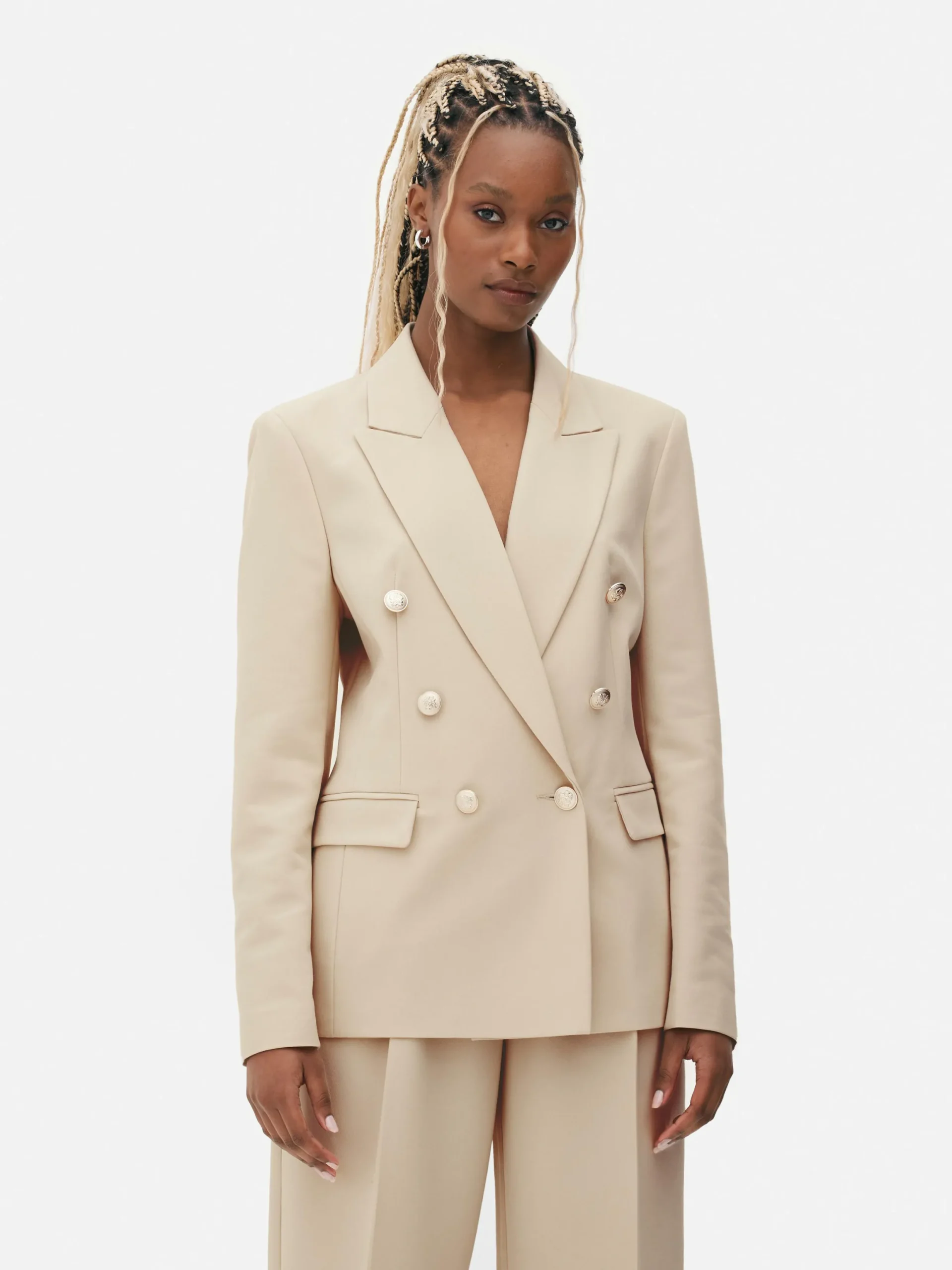 Blazer|Primark Doppelreihiger Blazer Mit Metallic-Knöpfen Ecrufarben