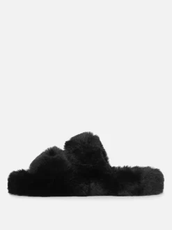 Hausschuhe|Hausschuhe|Primark Flauschige Hausschuhe Mit Doppelriemen Schwarz