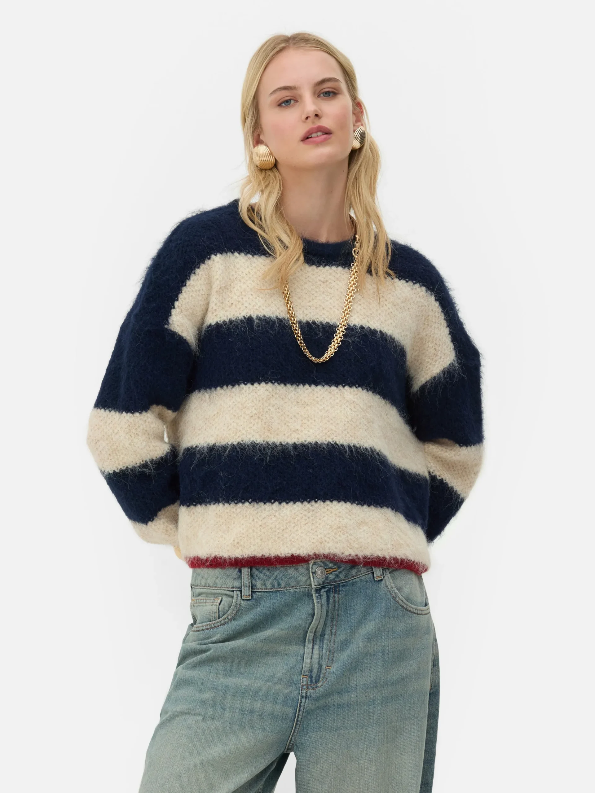 Pullover Und Cardigans|Primark Flauschiger „Rita Ora“ Strickpullover Mit Streifen Marineblau