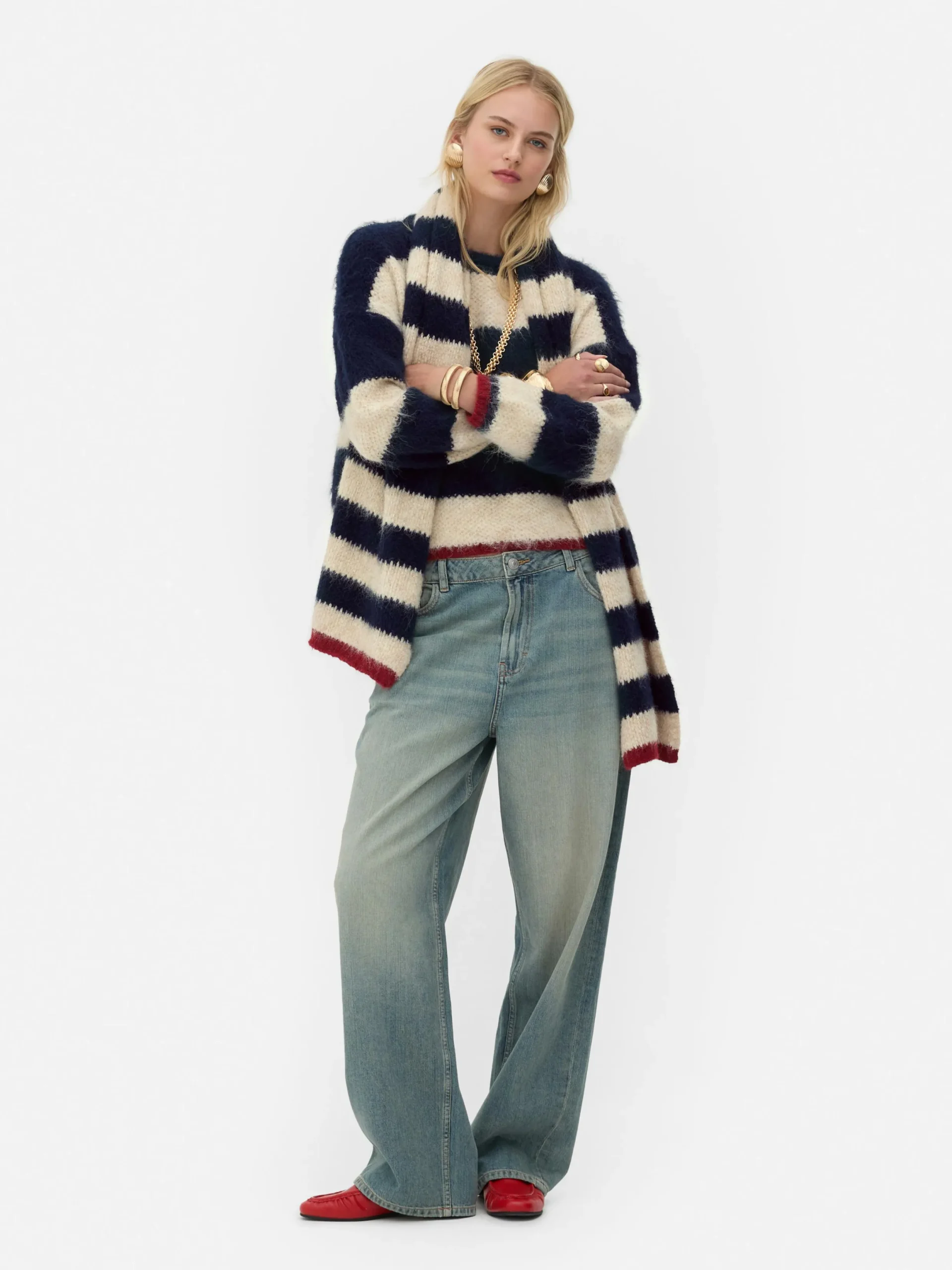 Pullover Und Cardigans|Primark Flauschiger „Rita Ora“ Strickpullover Mit Streifen Marineblau