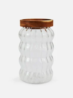 Geschirr|Primark Geriffelter Glasbehälter Mit Holzdeckel Transparent