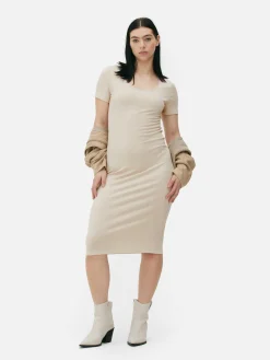 Kleider|Primark Geripptes, Kurzärmeliges Midikleid Ecrufarben