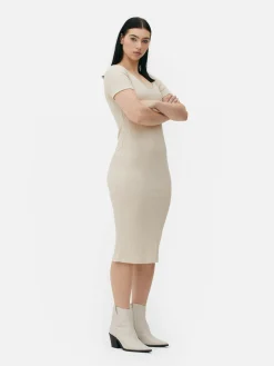 Kleider|Primark Geripptes, Kurzärmeliges Midikleid Ecrufarben