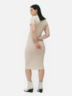 Kleider|Primark Geripptes, Kurzärmeliges Midikleid Ecrufarben