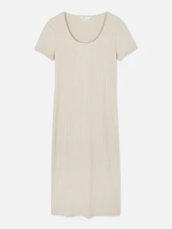Kleider|Primark Geripptes, Kurzärmeliges Midikleid Ecrufarben