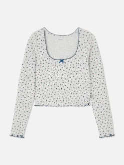 Schlafanzugoberteile|Primark Geripptes Schlafanzugtop Mit Blümchenmuster Grau