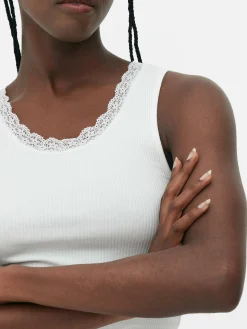 Tops Und T-Shirts|Primark Geripptes Trägertop Mit Spitzenbesatz Elfenbeinfarben