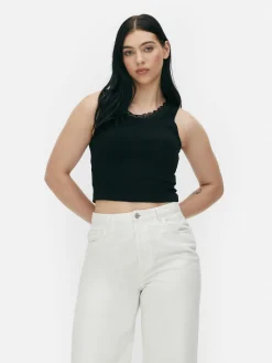 Tops Und T-Shirts|Primark Geripptes Trägertop Mit Spitzenbesatz Schwarz