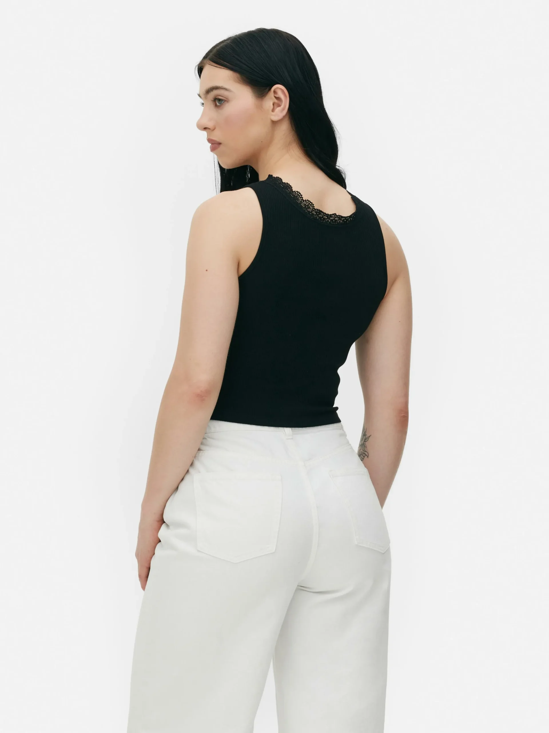 Tops Und T-Shirts|Primark Geripptes Trägertop Mit Spitzenbesatz Schwarz