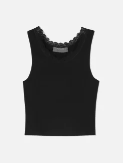 Tops Und T-Shirts|Primark Geripptes Trägertop Mit Spitzenbesatz Schwarz