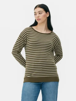 Pullover Und Cardigans|Primark Gestreifter Feinstrickpullover Mit U-Boot-Ausschnitt Khakifarben