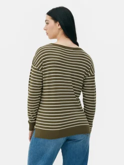 Pullover Und Cardigans|Primark Gestreifter Feinstrickpullover Mit U-Boot-Ausschnitt Khakifarben