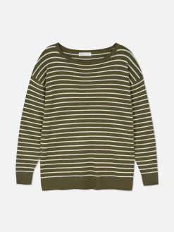 Pullover Und Cardigans|Primark Gestreifter Feinstrickpullover Mit U-Boot-Ausschnitt Khakifarben