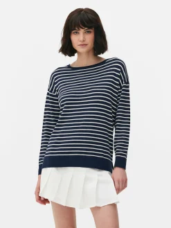 Pullover Und Cardigans|Primark Gestreifter Feinstrickpullover Mit U-Boot-Ausschnitt Marineblau