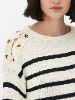 Pullover Und Cardigans|Primark Gestreifter Pullover Mit Schnürung Im Schulterbereich Elfenbeinfarben