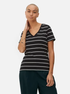 Tops Und T-Shirts|Primark Gestreiftes T-Shirt Mit V-Ausschnitt Schwarz/Weiß