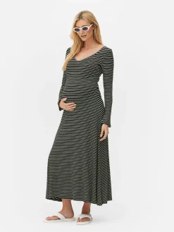 Kleider|Primark Gestreiftes Umstands-Midikleid Mit V-Ausschnitt Schwarz/Weiß