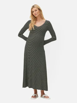 Kleider|Primark Gestreiftes Umstands-Midikleid Mit V-Ausschnitt Schwarz/Weiß
