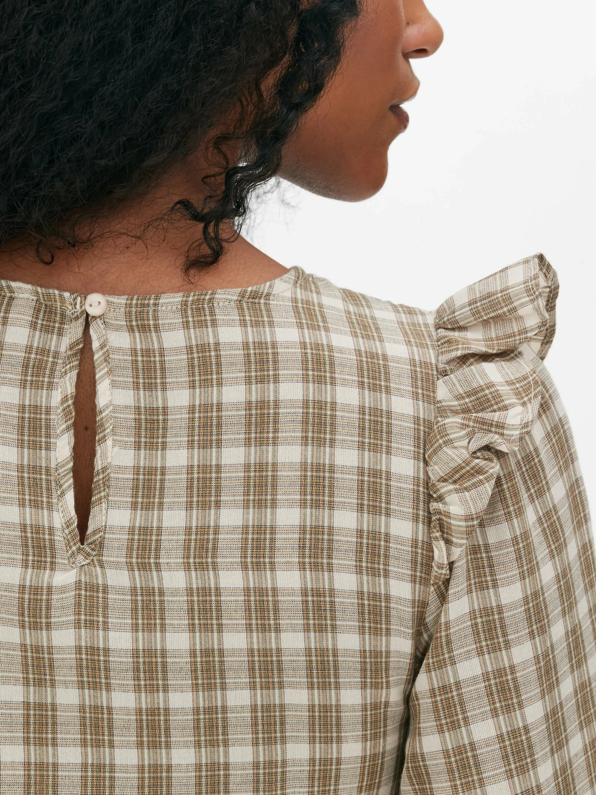 Blusen|Primark Karierte, Geraffte Langarmbluse Steinfarben