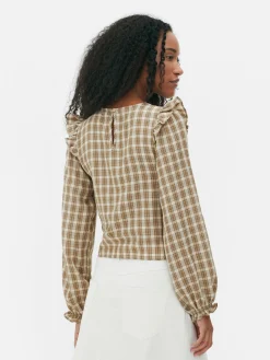 Blusen|Primark Karierte, Geraffte Langarmbluse Steinfarben