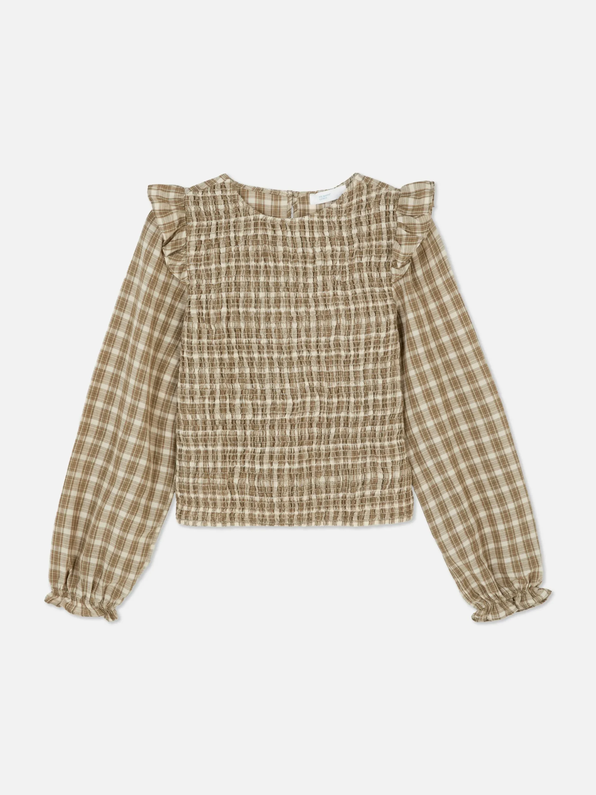 Blusen|Primark Karierte, Geraffte Langarmbluse Steinfarben