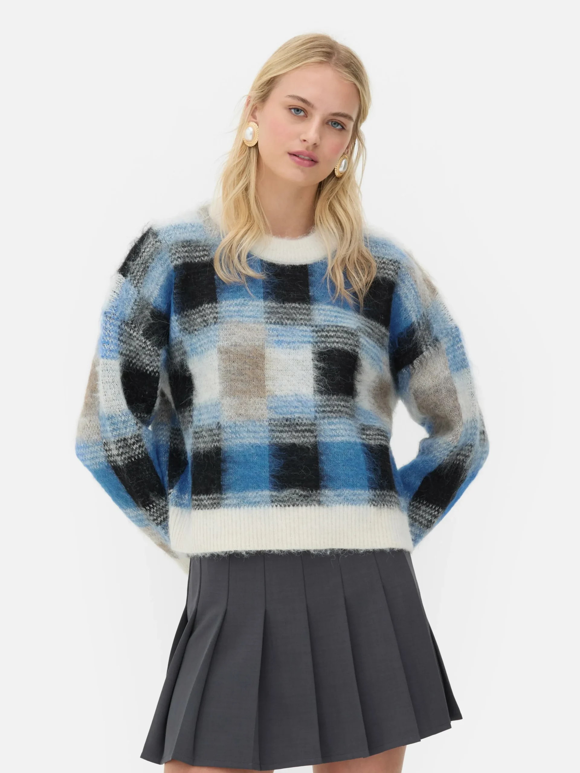 Pullover Und Cardigans|Primark Karierter „Rita Ora“ Pullover Aus Gebürstetem Stoff Marineblau