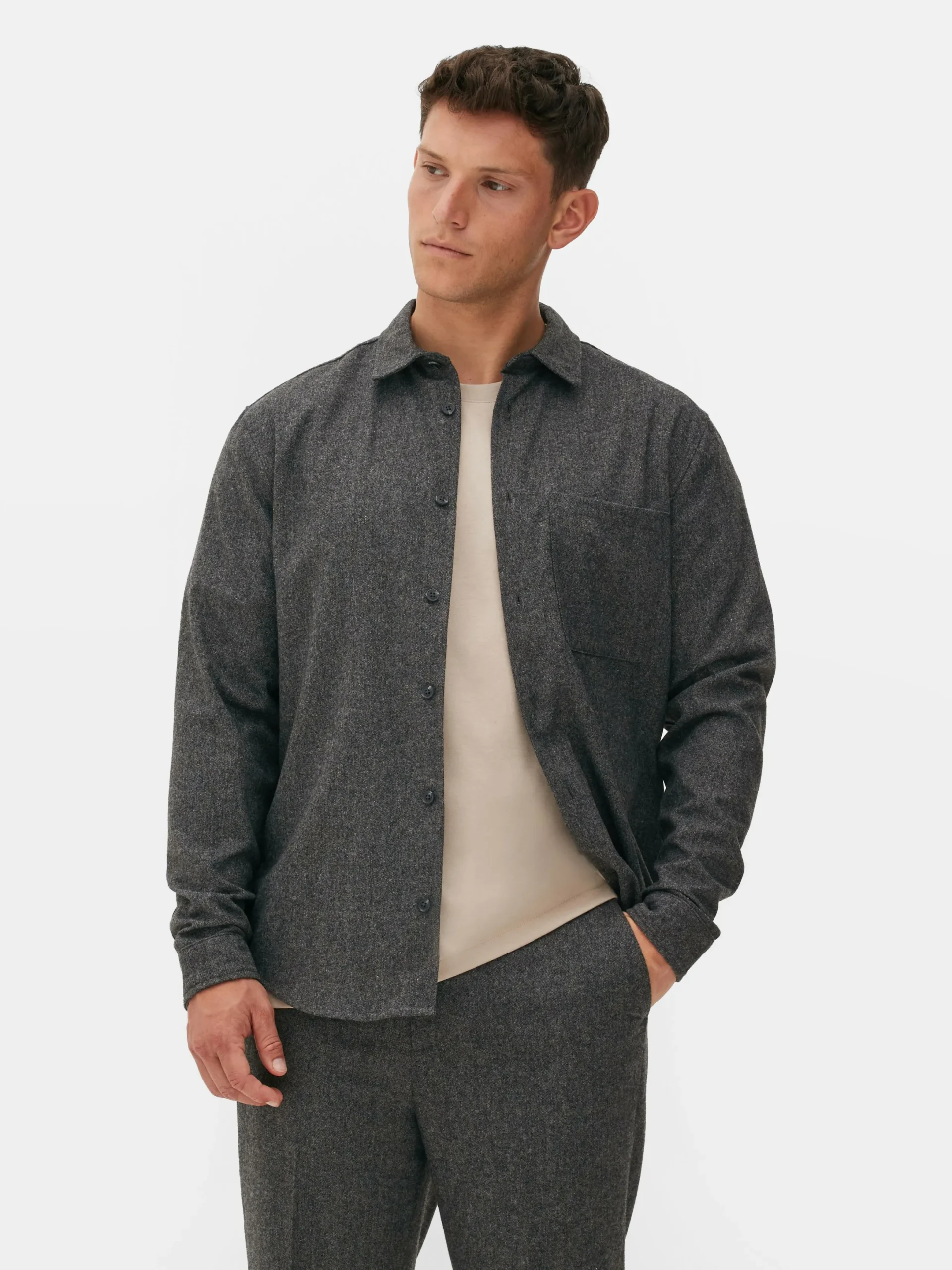Hemden|Primark „Kem“ Hemdjacke Mit Aufgesetzter Tasche Anthrazit meliert