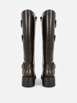 Stiefel|Primark Kniehohe „Rita Ora“ Bikerstiefel Braun