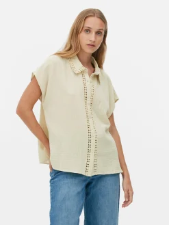 Blusen|Primark Kurzärmelige Bluse Mit Häkelbesatz Steinfarben