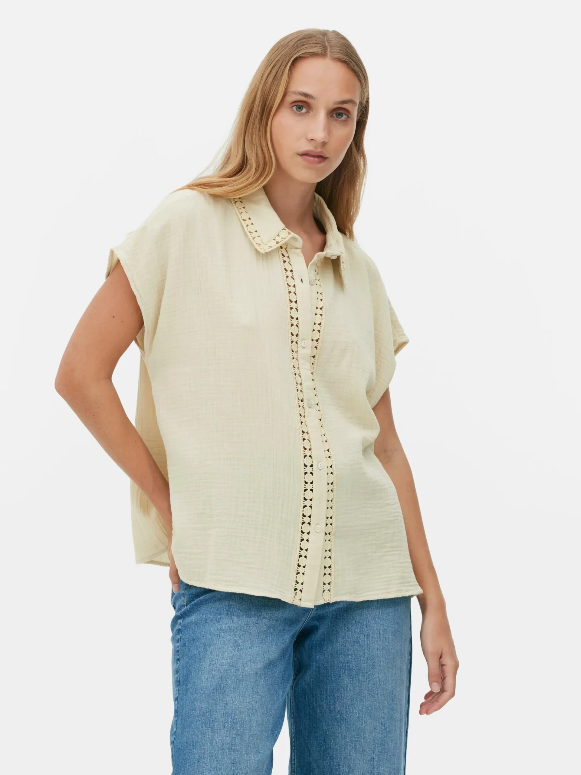Blusen|Primark Kurzärmelige Bluse Mit Häkelbesatz Steinfarben