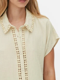 Blusen|Primark Kurzärmelige Bluse Mit Häkelbesatz Steinfarben