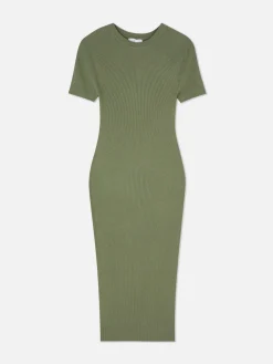 Kleider|Primark Kurzärmeliges Midi-Pulloverkleid Khakifarben