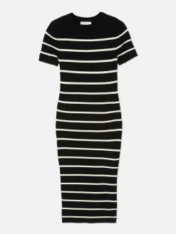 Kleider|Primark Kurzärmeliges Midi-Pulloverkleid Schwarz/Weiß