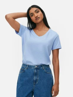 Tops Und T-Shirts|Primark Kurzärmeliges T-Shirt Mit V-Ausschnitt Mittelblau