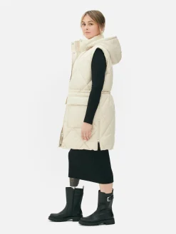 Jacken Und Mäntel|Primark Lange Steppweste Mit Kapuze Cremefarben