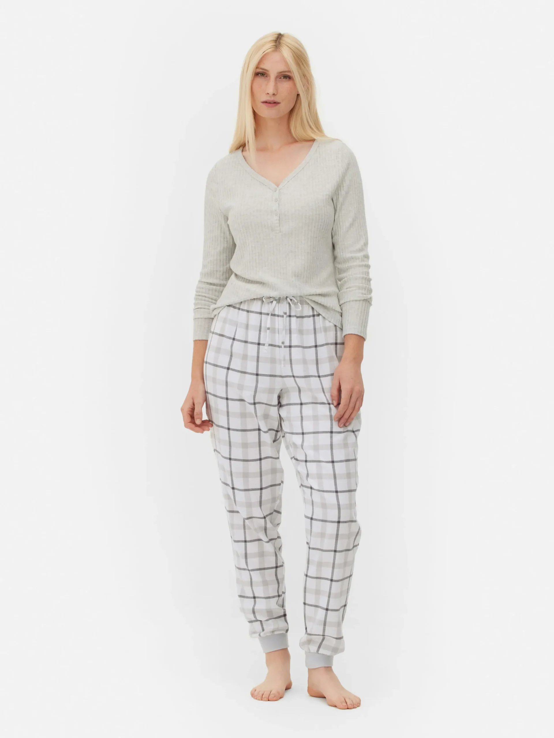 Schlafanzüge|Primark Langärmeliger Schlafanzug Mit Karierter Hose Grau