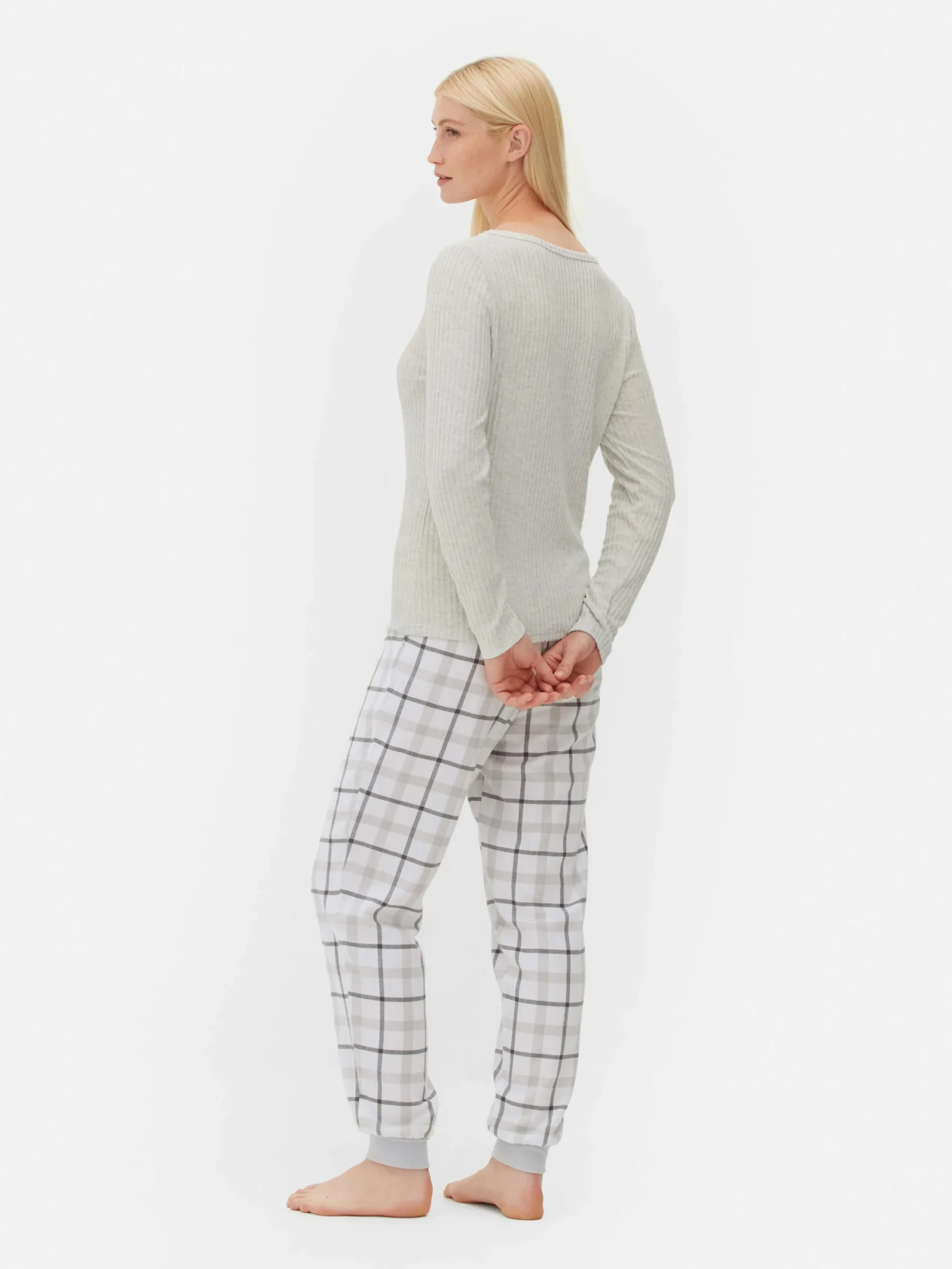 Schlafanzüge|Primark Langärmeliger Schlafanzug Mit Karierter Hose Grau