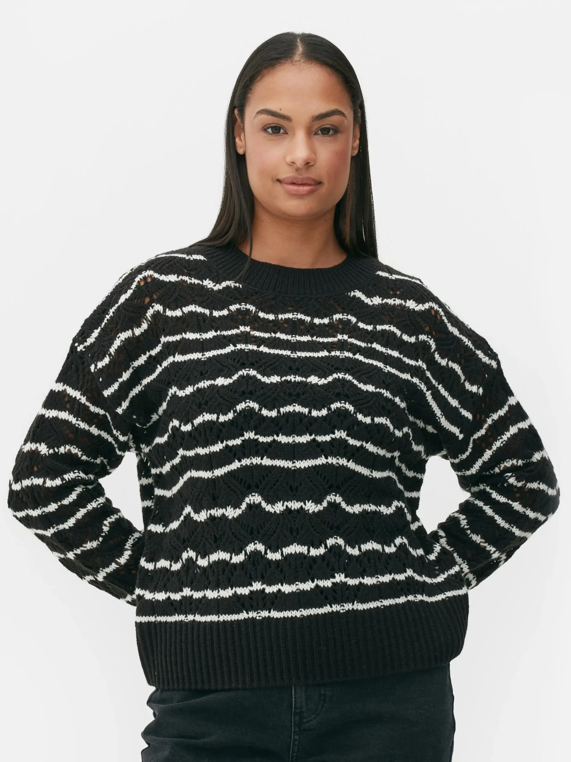 Pullover Und Cardigans|Primark Lochstrickpullover Mit Rundhalsausschnitt Schwarz/Weiß