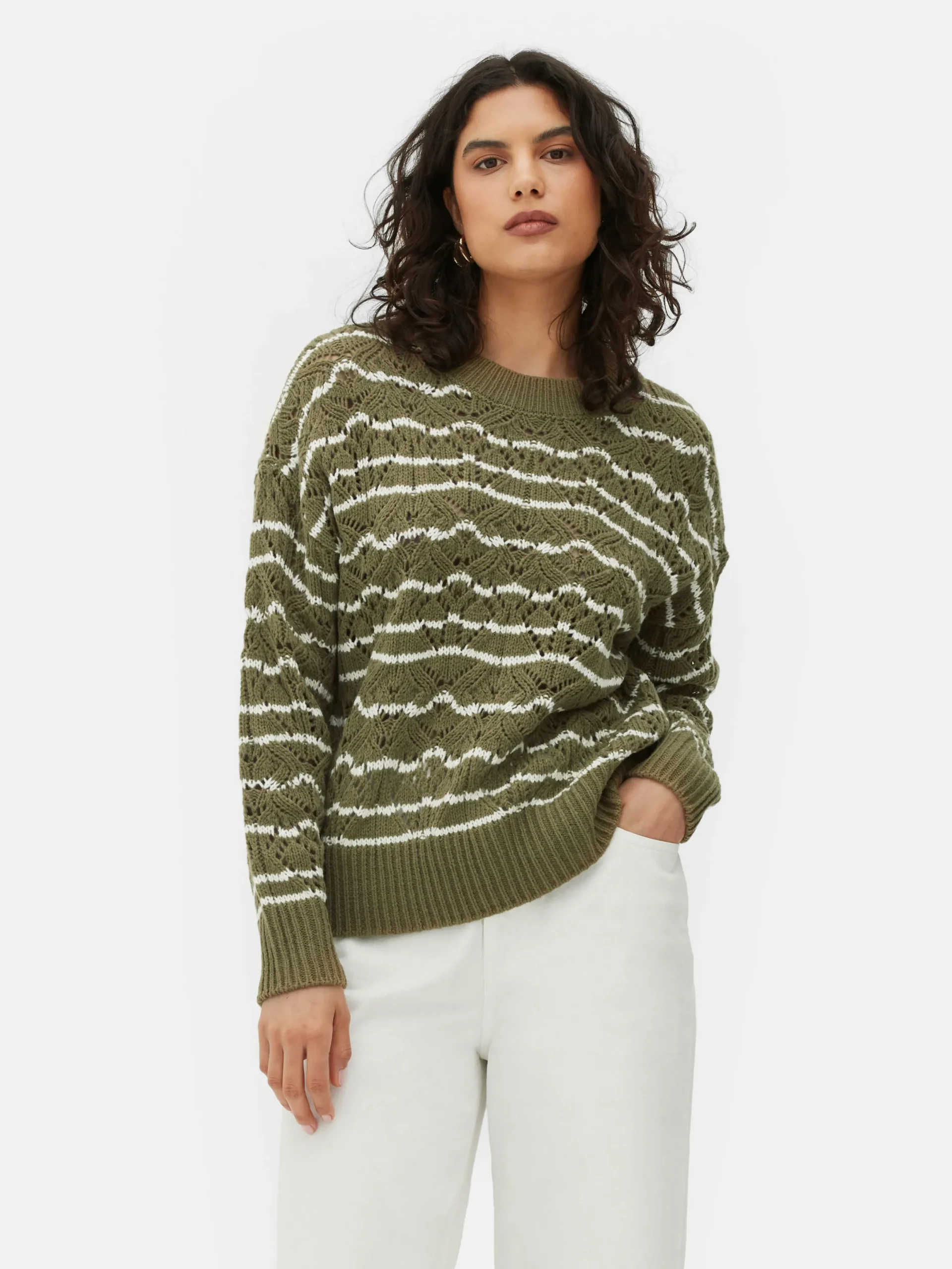 Pullover Und Cardigans|Primark Lochstrickpullover Mit Rundhalsausschnitt Khakifarben