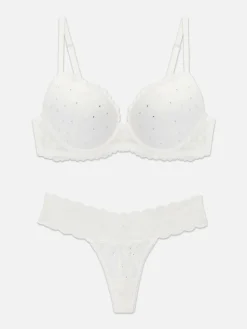 Dessous-Sets|Primark Maximizer-BH Und Tanga Mit Strasssteinen Und Spitze Weiß