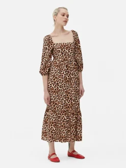 Kleider|Primark Midikleid Mit Eckigem Ausschnitt Und Leomuster Beige