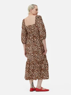 Kleider|Primark Midikleid Mit Eckigem Ausschnitt Und Leomuster Beige