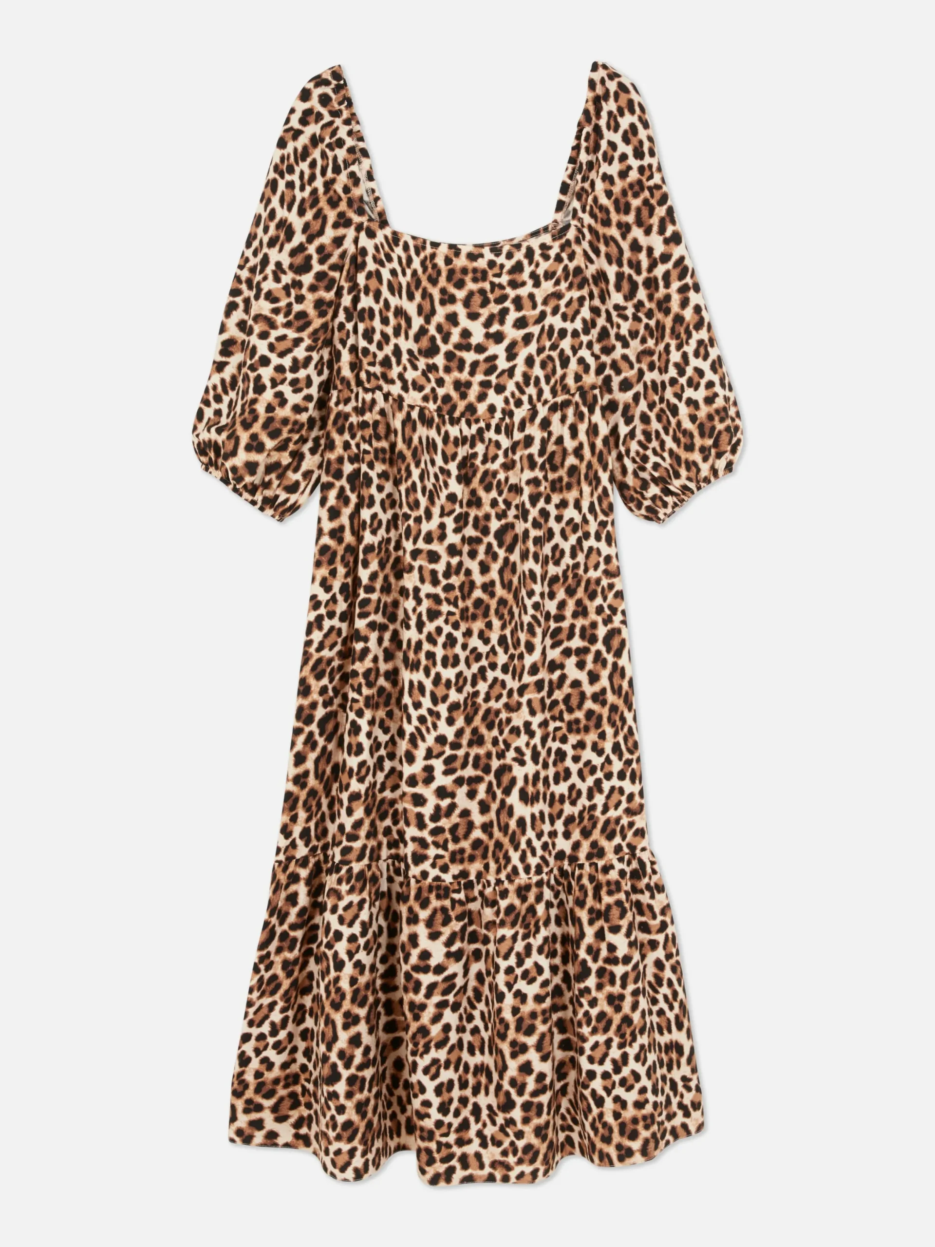 Kleider|Primark Midikleid Mit Eckigem Ausschnitt Und Leomuster Beige