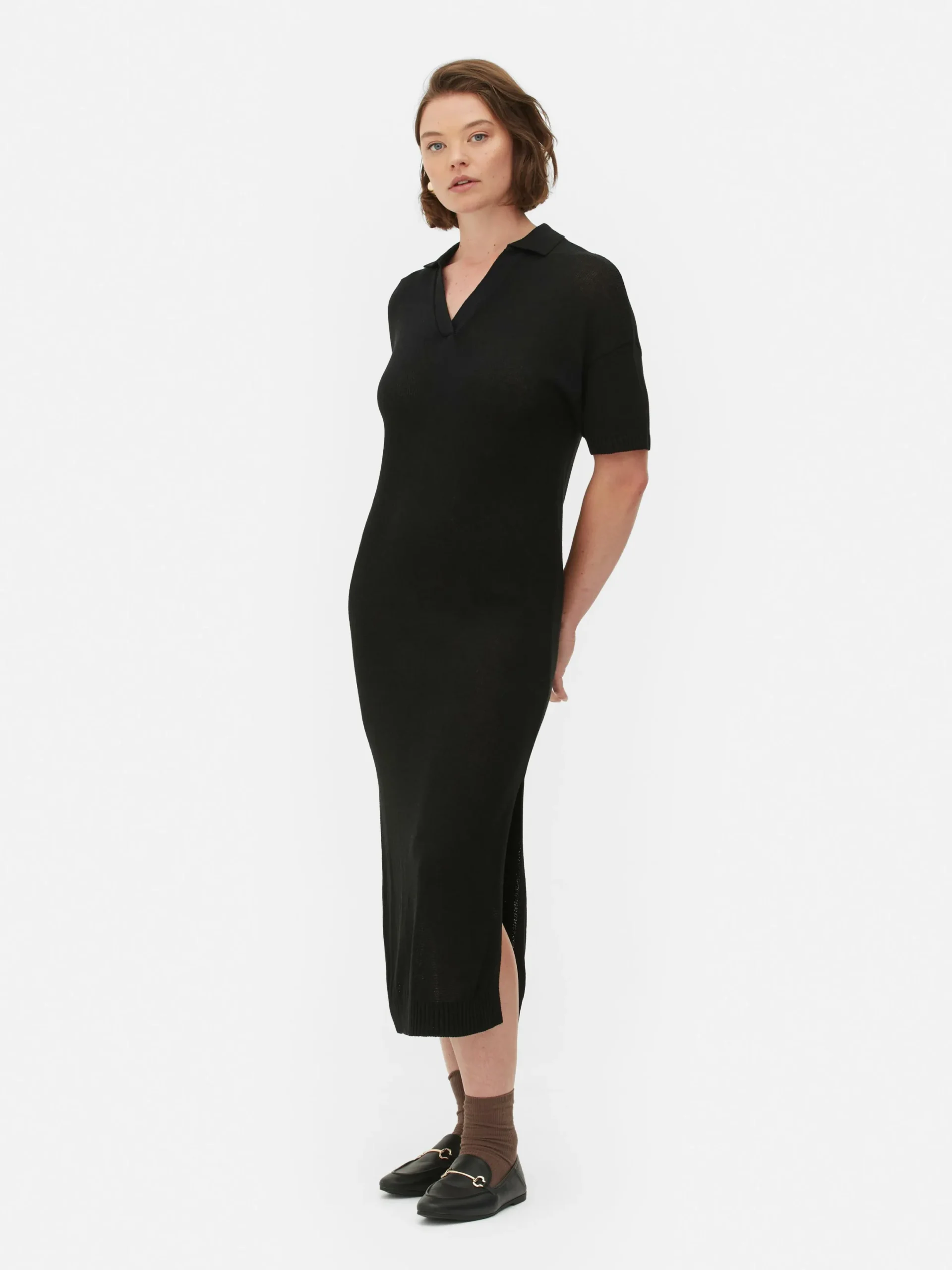 Kleider|Primark Midikleid Mit V-Ausschnitt Und Kragen Schwarz