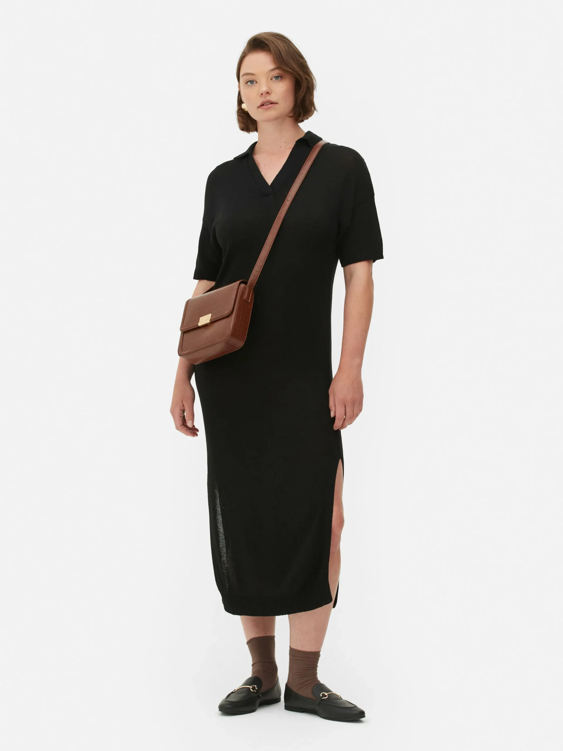 Kleider|Primark Midikleid Mit V-Ausschnitt Und Kragen Schwarz