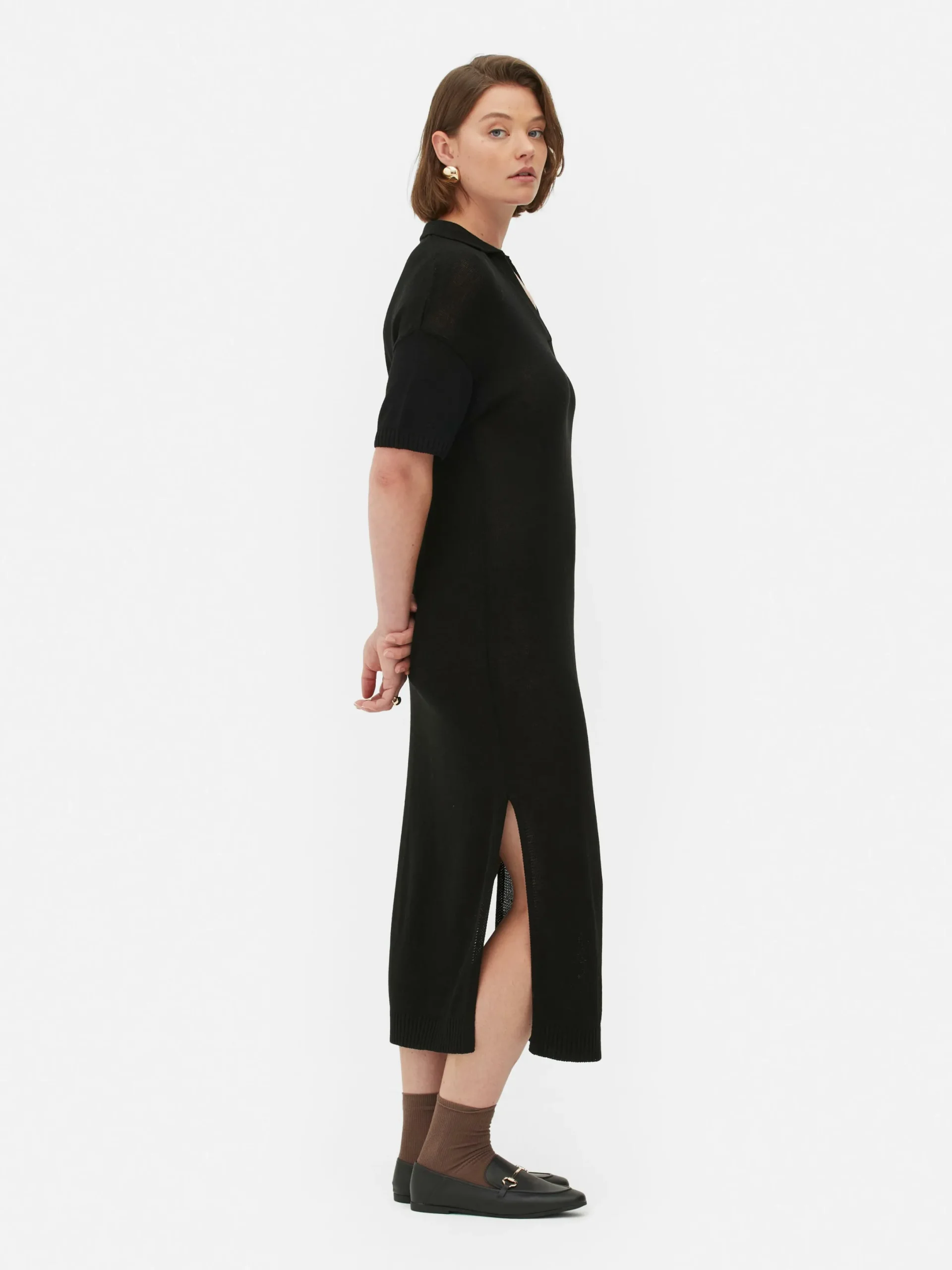 Kleider|Primark Midikleid Mit V-Ausschnitt Und Kragen Schwarz