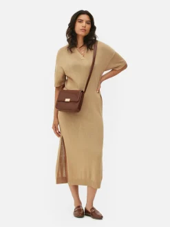 Kleider|Primark Midikleid Mit V-Ausschnitt Und Kragen Beige