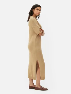 Kleider|Primark Midikleid Mit V-Ausschnitt Und Kragen Beige